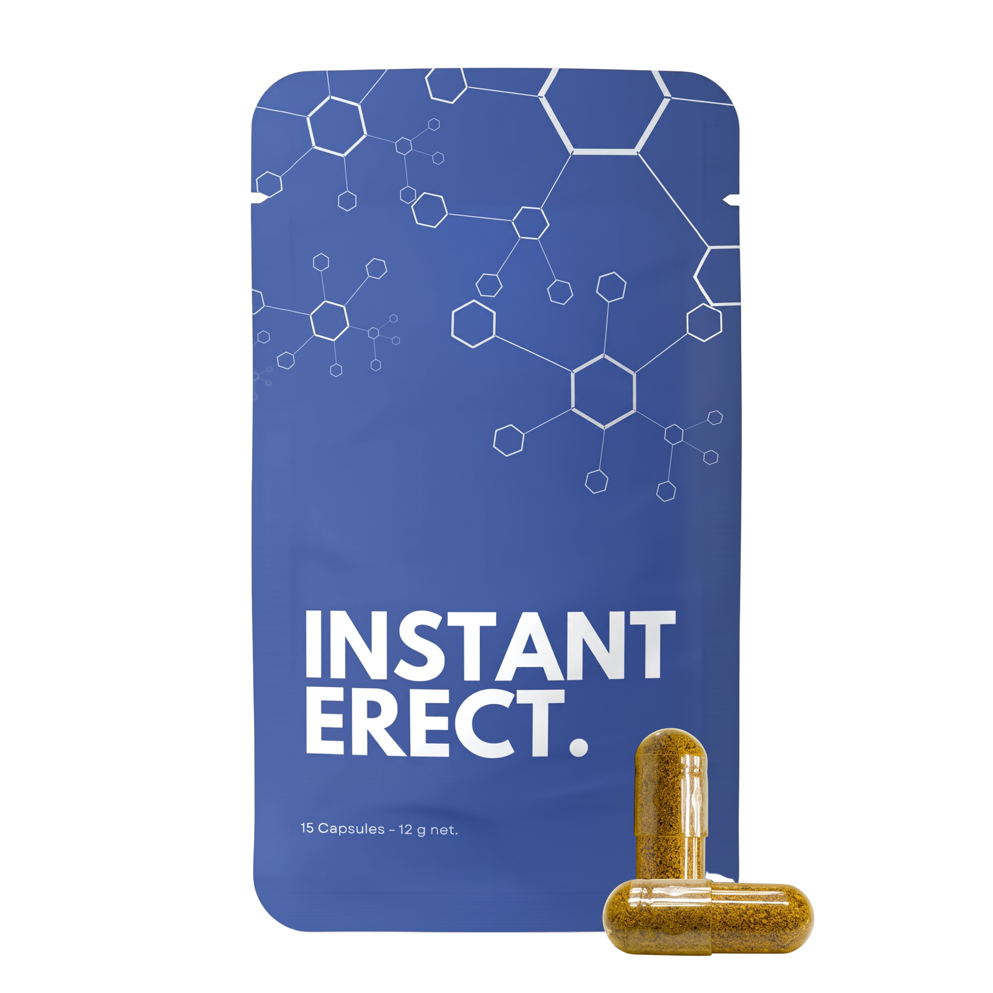 Instant Erect pack with 15 capsules, next to two gold capsules